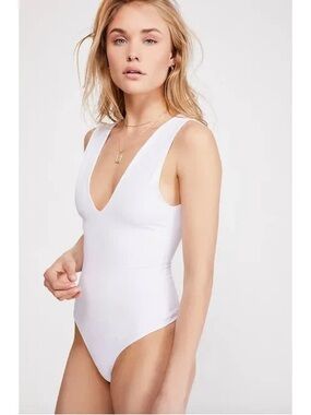 Free People White V-Neck One-Piece Swim